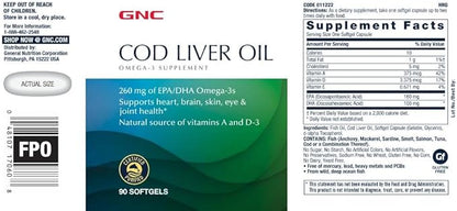 GNC Cod Liver Oil Omega 3 Supplement, 260mg EPA and DHA, Supports Heart, Brain, Skin, Eye and Joint Health, 90 Softgels