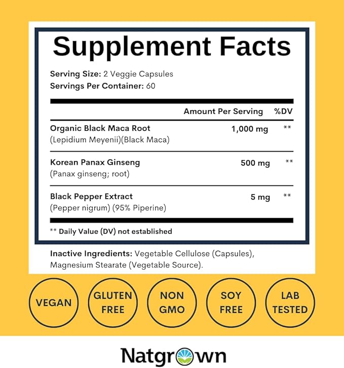 Natgrown Black Maca Root + Panax Ginseng Powder Capsules 1500 mg with Black Peruvian Maca Root & Korean Panax Ginseng Supplement for Men and Women - Vegan Pills (120 Count)