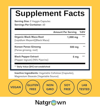 Natgrown Black Maca Root + Panax Ginseng Powder Capsules 1500 mg with Black Peruvian Maca Root & Korean Panax Ginseng Supplement for Men and Women - Vegan Pills (120 Count)