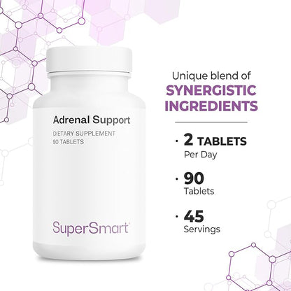 Supersmart - Adrenal Support (Advanced Formula) - with Rhodiola Rosea, Holy Basil Tulsi, Magnesium - Adaptogenic Herbs Supplement | Non-GMO & Gluten Free - 90 Tablets