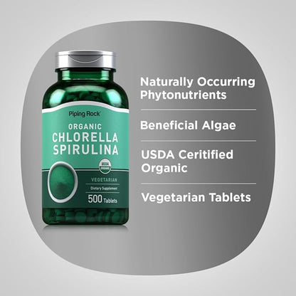 Piping Rock Chlorella Spirulina Organic | 500 Tablets | Vegetarian Pills | Non-GMO, Gluten Free Supplement