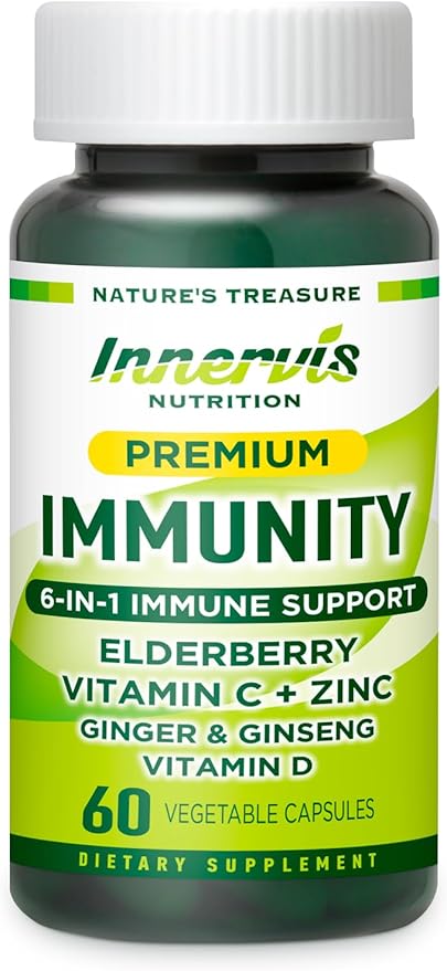 Premium 6-in-1 Immune Support – Vitamin C, D3, Zinc, Elderberry, Ginger & Korean Ginseng – Immune System Booster & Antioxidant Support – 60 Veg Capsules