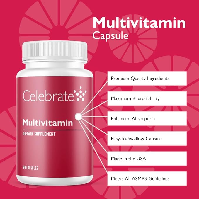 Celebrate Vitamins Bariatric Multivitamin, Iron Free - Post Gastric Bypass & Sleeve Gastrectomy Supplement for Men & Women - Essential Minerals & Vitamins A, B, D & E (90 Capsules)