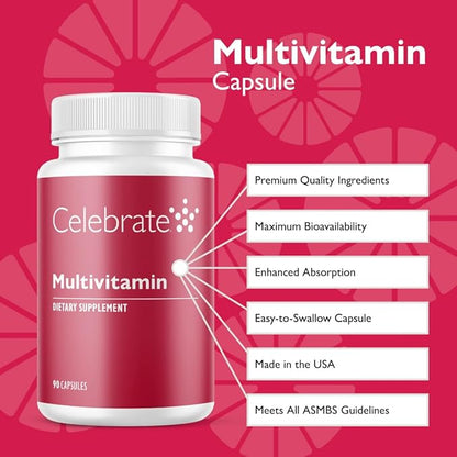 Celebrate Vitamins Bariatric Multivitamin, Iron Free - Post Gastric Bypass & Sleeve Gastrectomy Supplement for Men & Women - Essential Minerals & Vitamins A, B, D & E (90 Capsules)