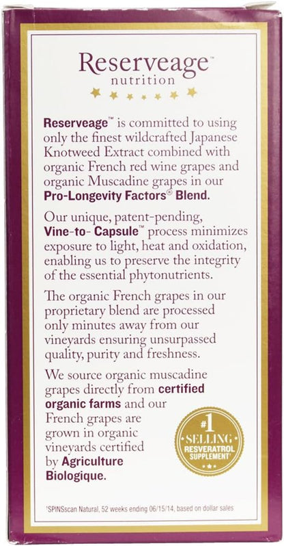 Reserveage Nutrition Beauty Resveratrol 250 mg - Best Trans-Resveratrol - Vegan Antioxidant Supplement for Cellular & Heart Health - Aids Healthy Aging & Immune Health - 120 Vegetable Capsules