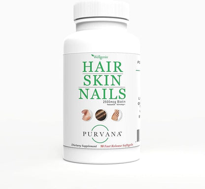 Wellgenix Purvana Hair, Skin, and Nails Vitamin Softgels for High Absorption - Double Strength 2500mcg Biotin, VIT A & B (90 Count) 2 Pack