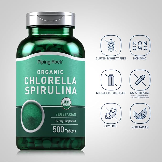 Piping Rock Chlorella Spirulina Organic | 500 Tablets | Vegetarian Pills | Non-GMO, Gluten Free Supplement