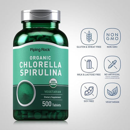 Piping Rock Chlorella Spirulina Organic | 500 Tablets | Vegetarian Pills | Non-GMO, Gluten Free Supplement
