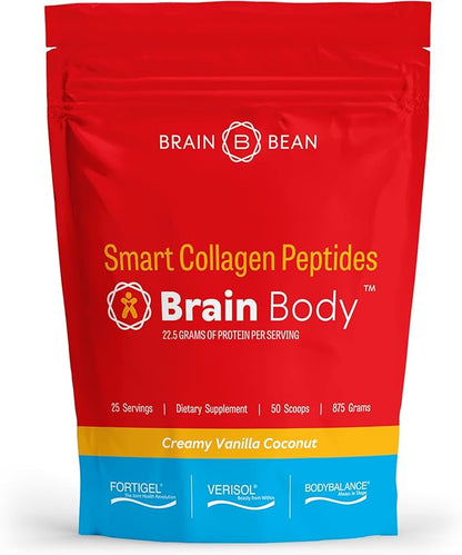 Brain Body Collagen Peptides Powder - Vital Protein & Collagen Supplement for Women & Men - Hydrolyzed Type I & III for Hair, Skin, Nails & Joint Health - 25 Servings - Creamy Vanilla Coconut - 875g
