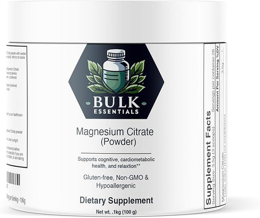 Pure Magnesium Citrate Powder – Unflavored 100g Supplement for Muscle, Heart & Digestive Support – USA Made, Free from GMO & Gluten – Magnesio 3.5g Per Serving
