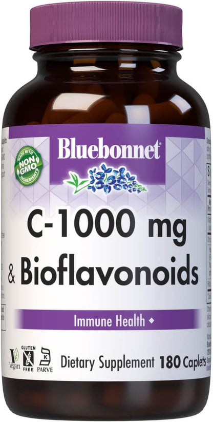 Bluebonnet Nutrition C-1000 mg Plus Bioflavonoids Caplets, Vitamin C 1000 mg, Citrus Bioflavonoids 500 mg, for Immune Health, Soy Free, Gluten Free, Non-GMO, Kosher, Dairy Free, Vegan, 180 Caplets