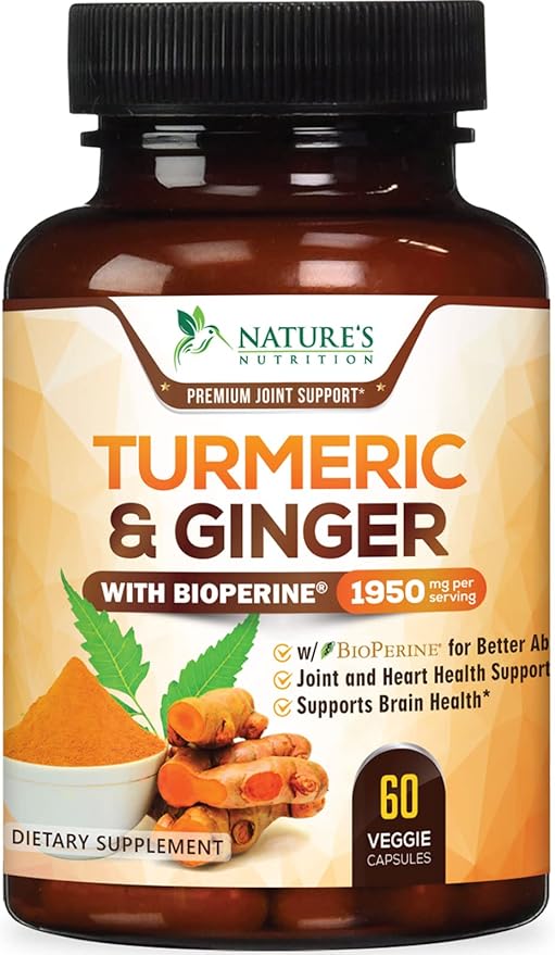 Turmeric Curcumin Supplement 1950mg with Organic Turmeric & Ginger, 95% Curcuminoids, BioPerine Black Pepper for Best Absorption, Nature's Vegan Joint Support, Non-GMO, Bottled in USA - 60 Capsules