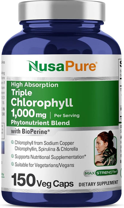 NusaPure High Absorption Triple Chlorophyll 1000 mg 150 Veg Caps Suitable for Vegetarians and Vegans, Non-GMO