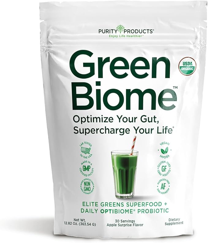 Green Biome - Elite Organic Greens Superfood + Daily OptiBiome Probiotic - Optimized to Promote Bloating Relief, Digestive Comfort + Regularity, Energy - Vegan. Gluten Free -Apple Flavor - 30 Servings
