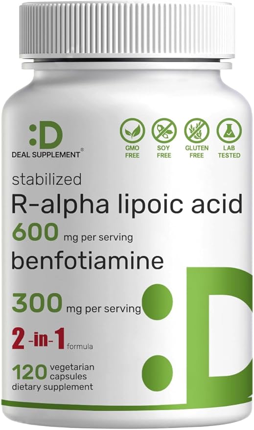 DEAL SUPPLEMENT R Alpha Lipoic Acid 600mg with Benfotiamine 300mg Per Serving, 120 Veggie Capsules – 200mg R-ALA Per Capsule – Antioxidant Supplement for Energy & Nervous System Support