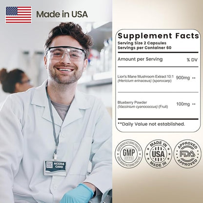 Organic Lion’s Mane Capsule: 10:1 Concentration Equals 10,000mg Mushroom, Enhanced with Blueberry for Vitality, Mental Clarity, and Concentration – 60 Plant-Based Capsules (No Tablets/Powder)