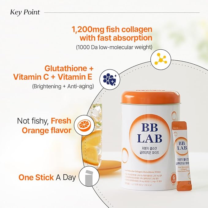 BB LAB Collagen Glutathione White, Low Molecular Korean Stick Supplement, Fish Peptides, Vitamin C, Vitamin E, Glutathione, Fast abosorption, Orange Flavor