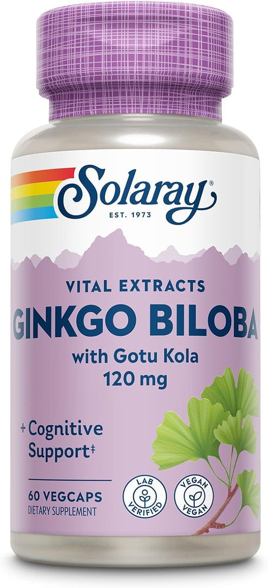 SOLARAY Ginkgo Biloba Extract with Gotu Kola - Ginko Biloba Capsules for Brain Health Support - Vegan, Lab Verified, 60-Day Guarantee - 60 Servings, 60 VegCaps (60 VegCaps)