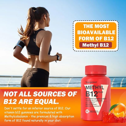 Vegan Vitamin D3 & B12 Gummies, Methyl B12 Supplement for Adults & Kids, Enhanced with Vitamin D 3 for Natural Energy, Immune, Metabolism & Focus, Orange, 90 Gummies