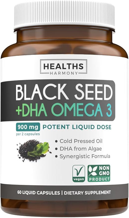 Black Seed Oil & Omega 3 Supplement with DHA - 900mg - 60 Liquid Capsules (Non-GMO & Vegan) - Natural Support for Cognitive Clarity, Focus & Vision Support