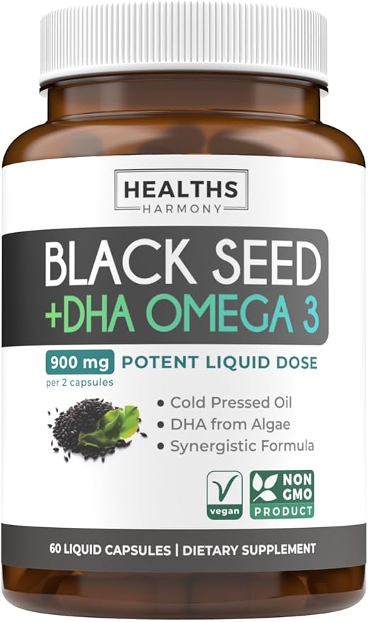Black Seed Oil & Omega 3 Supplement with DHA - 900mg - 60 Liquid Capsules (Non-GMO & Vegan) - Natural Support for Cognitive Clarity, Focus & Vision Support
