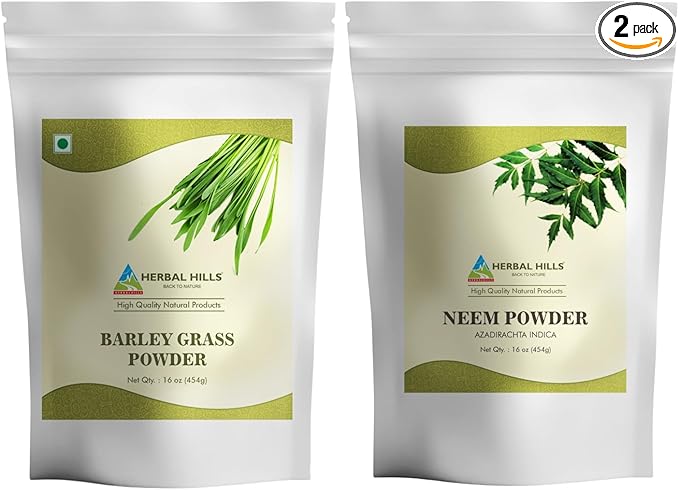 HERBAL HILLS Barley Grass Powder and Neem Powder Leaf Leaves Combo Pack of 2
