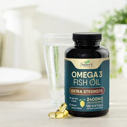 Triple Strength Omega 3 Fish Oil Supplement, EPA & DHA Fish Oil Omega 3 Essential Fatty Acids Supplement Softgels, 2400 mg Brain & Heart Health Support Supplements, Gluten Free, Non-GMO, 120 Softgels