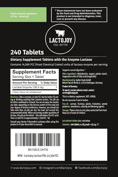 LactoJoy Lactase Pills I 240 Pieces Refill Package I Powerful Lactase Enzymes for Lactose Intolerance I Ultra Pure Lactase for Improved Digestion I 100% Vegan
