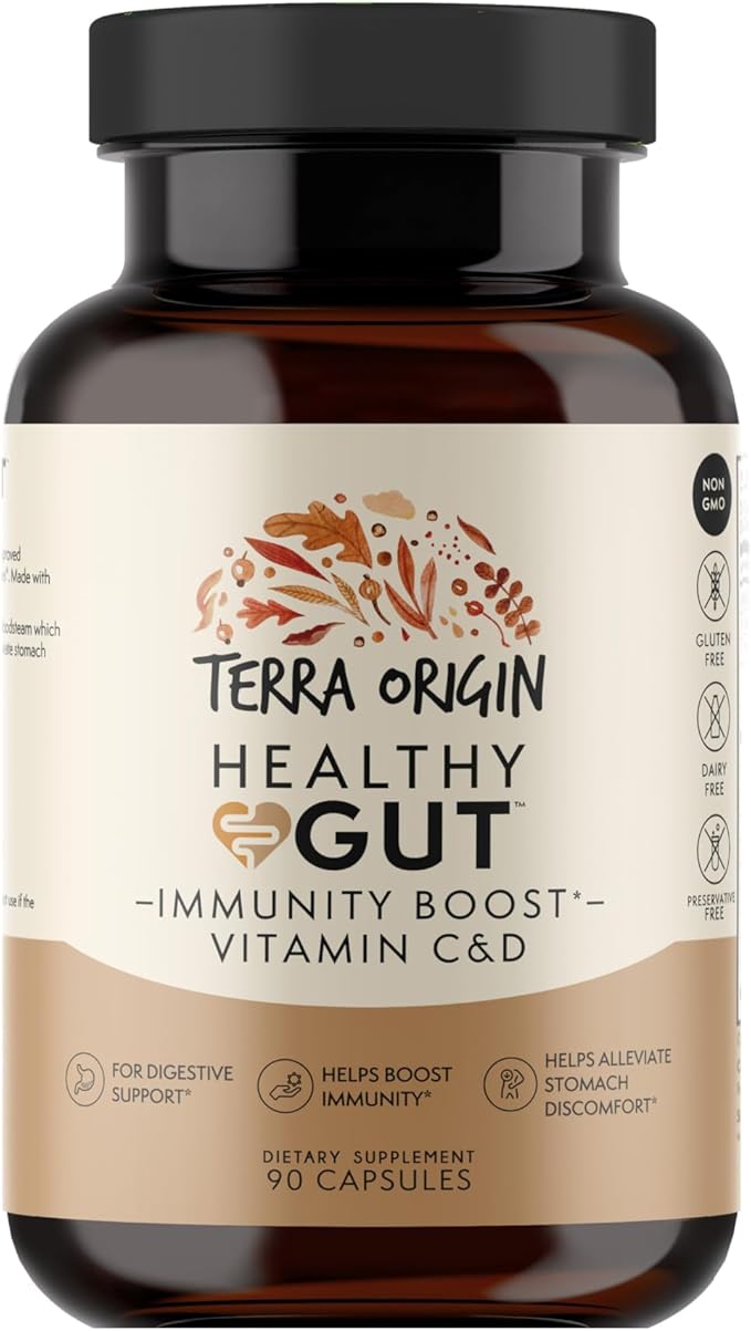 TERRA ORIGIN Healthy Gut Capsules with Immunity Boost | 90 Capsules | Non GMO, Gluten Free, Dairy Free | Digestive Support for Men and Women