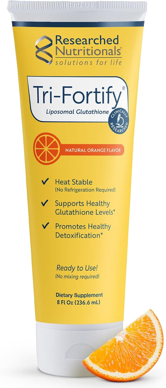 Researched Nutritionals Liposomal Glutathione (450mg) Liquid Gel + Vitamin C - Tri-Fortify - Aid Natural Energy, Immune Support & Detox - Clinically Researched for Absorption - Orange (8 Fl Oz)
