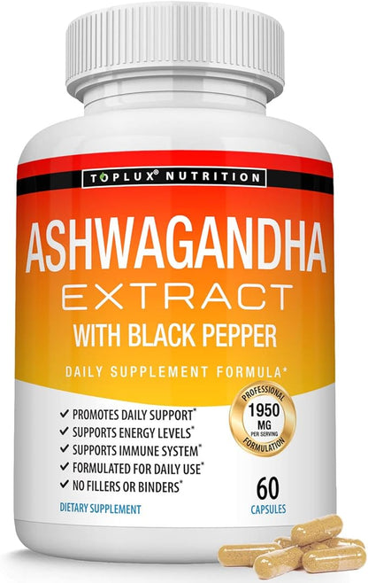 Organic Ashwagandha Root Powder Pills 1950 Mg with Black Pepper Extract - Pure Natural Ashwagandha Supplement, Support Energy, for Men Women, 60 Capsules