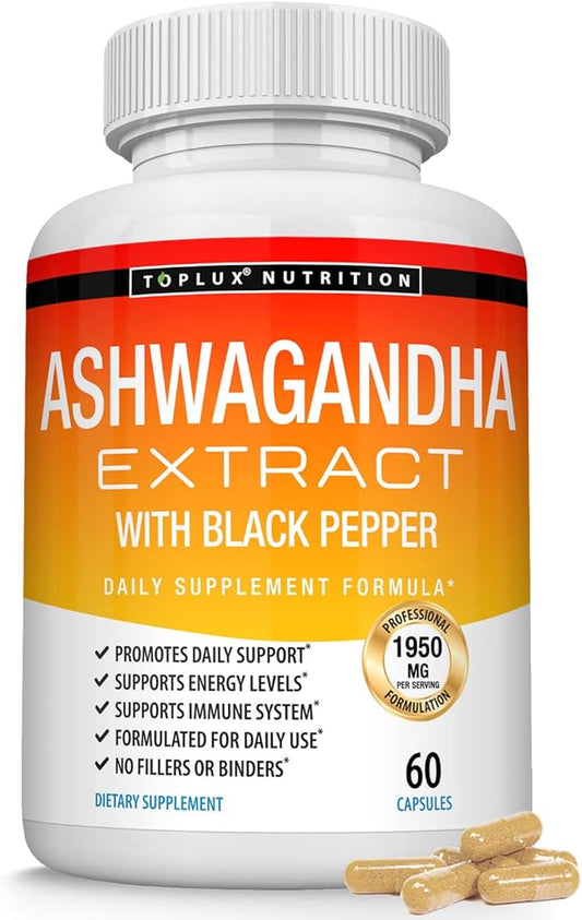 Organic Ashwagandha Root Powder Pills 1950 Mg with Black Pepper Extract - Pure Natural Ashwagandha Supplement, Support Energy, for Men Women, 60 Capsules