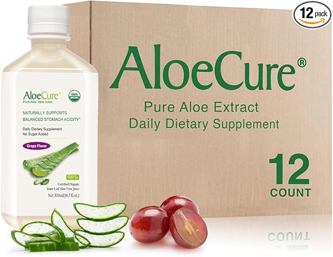 AloeCure USDA Organic Aloe Vera Juice Grape Flavor, Made Within 12 Hours of Harvest - Pure Aloe Vera Digestive & Immune Health Supplement, Helps Maintain Balanced Stomach Acidity, 16.7oz x 12 Btls