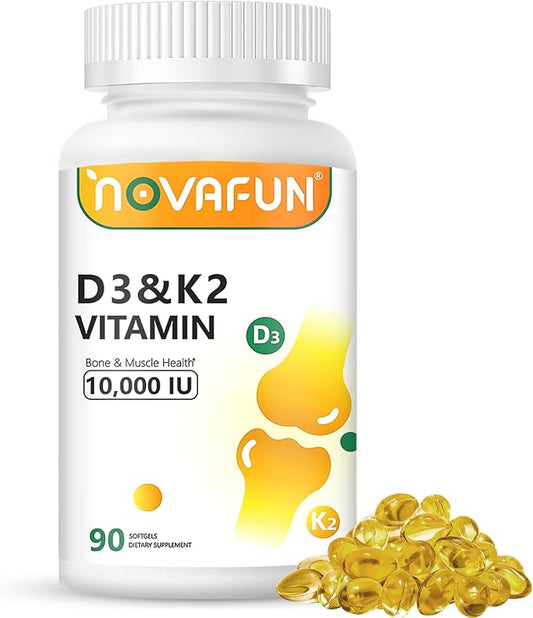 D3 K2 Vitamin 10000 IU Softgels, D3 K2 Supplement with Coconut Oil for Bone, Teeth Health, Support Muscle & Heart Health, 90 Count