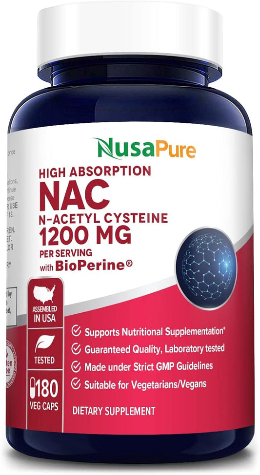NusaPure N-Acetyl Cysteine (NAC) 1200mg 180 Veggie Caps (Vegetarian, Non-GMO, Gluten Free) Bioperine