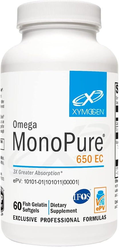XYMOGEN Omega MonoPure 650 EC - Omega-3 Fish Oil Supplements for Women & Men - with EPA, DHA & DPA - Smaller Softgels with 3X Greater Absorption - Support a Healthy Heart & Cognition (60 Softgels)