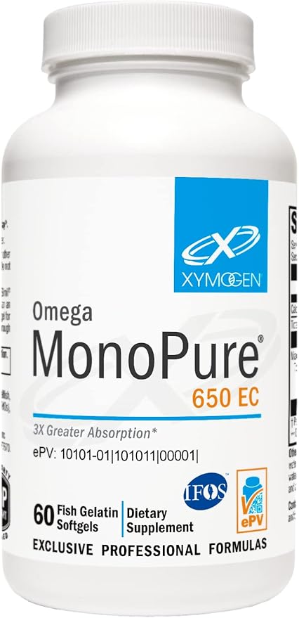 XYMOGEN Omega MonoPure 650 EC - Omega-3 Fish Oil Supplements for Women & Men - with EPA, DHA & DPA - Smaller Softgels with 3X Greater Absorption - Support a Healthy Heart & Cognition (60 Softgels)