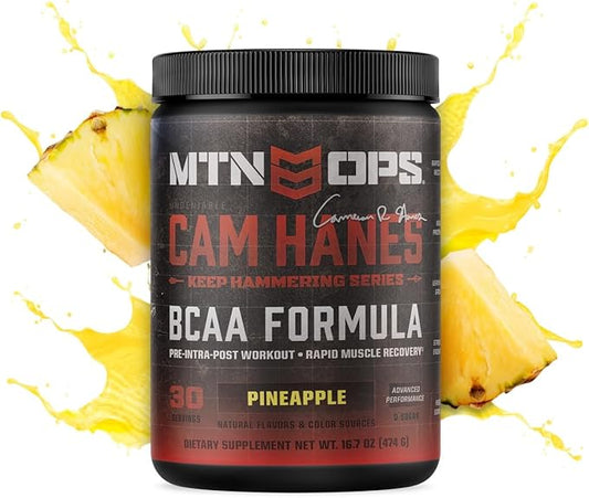 MTN OPS BCAA Powder, 2:1:1 Amino Acids Supplement Powder for Rapid Muscle Recovery & Repair with Zero Sugar & Gluten Free - 30-Serving Tub Pineapple Flavor, Cameron Hanes Keep Hammering Series