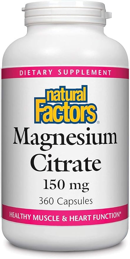 Natural Factors, Magnesium Citrate 150 mg, Muscle and Heart Health Formula, 360 Capsules