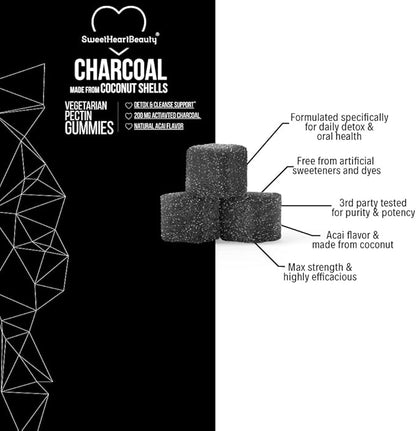 Activated Charcoal Gummies - Natural Coconut Shell Charcoal Gummy Supplements for Detox Support, Stomach Bloat & Oral Health - Gluten Free, Vegan & Pectin Based - Acai Flavor, 60 Count