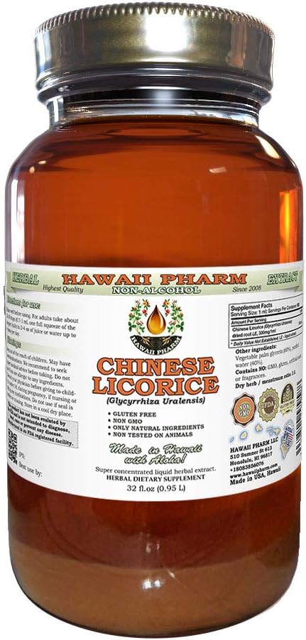 Chinese Licorice Alcohol-Free Liquid Extract, Chinese Licorice (Glycyrrhiza Uralensis) Root Glycerite Hawaii Pharm Natural Herbal Supplement 32 oz Unfiltered