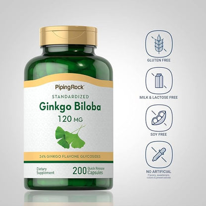 Piping Rock Ginkgo Biloba 120mg | 200 Capsules | Standardized Extract Supplement | Non-GMO, Gluten Free