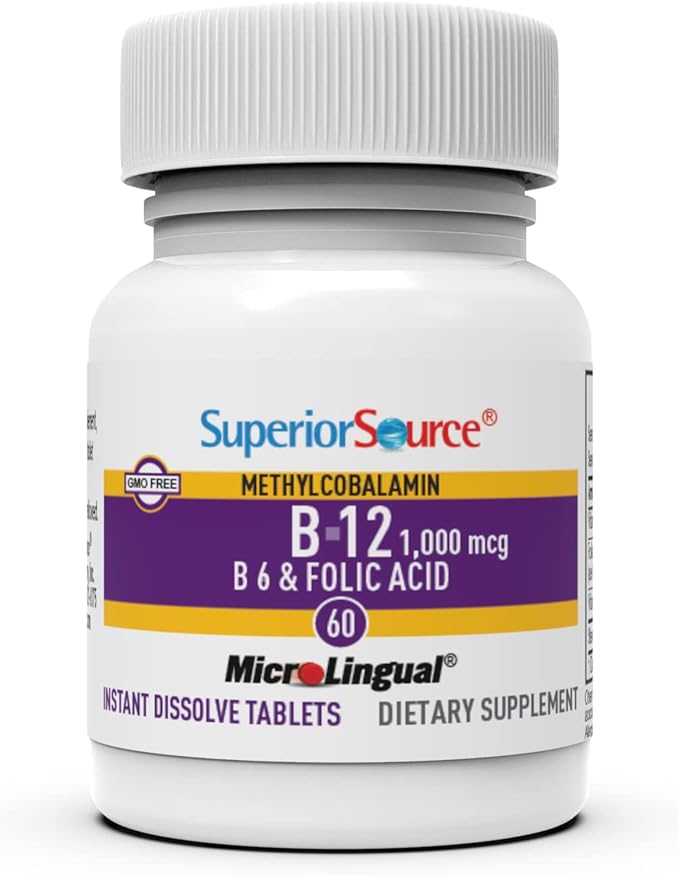 Superior Source No Shot Vitamin B-12 Methylcobalamin 1000 mcg, B-6 & Folic Acid 800 mcg - Supports Brain & Heart Health - Aids Natural Energy Levels - 60 Sublingual Dissolving Tablets