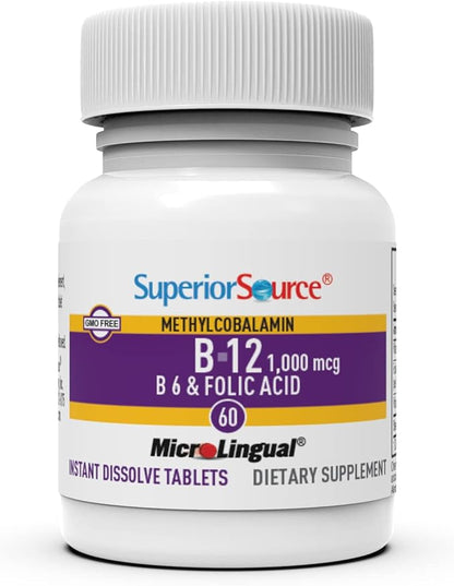 Superior Source No Shot Vitamin B-12 Methylcobalamin 1000 mcg, B-6 & Folic Acid 800 mcg - Supports Brain & Heart Health - Aids Natural Energy Levels - 60 Sublingual Dissolving Tablets