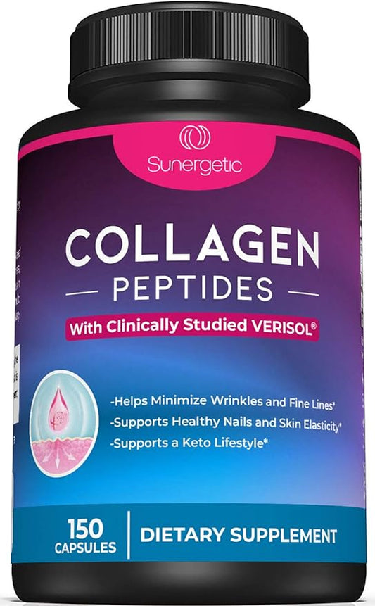 Sunergetic Premium Collagen Peptides Capsules – 2500 mg of VERISOL Collagen Peptides Type 1 & Type 3 – Multi Collagen Supplement to Support Joint Health, Hair, Skin & Nails – 150 Collagen Capsules