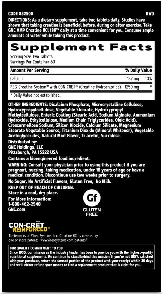 GNC AMP Creatine HCl 189 Pills, Clinically Proven Strength & Muscle Builder, Athletic Performance, Energy Production, Recovery Supplement, Fast Absorbing, Gluten Free Formula, 60 Servings