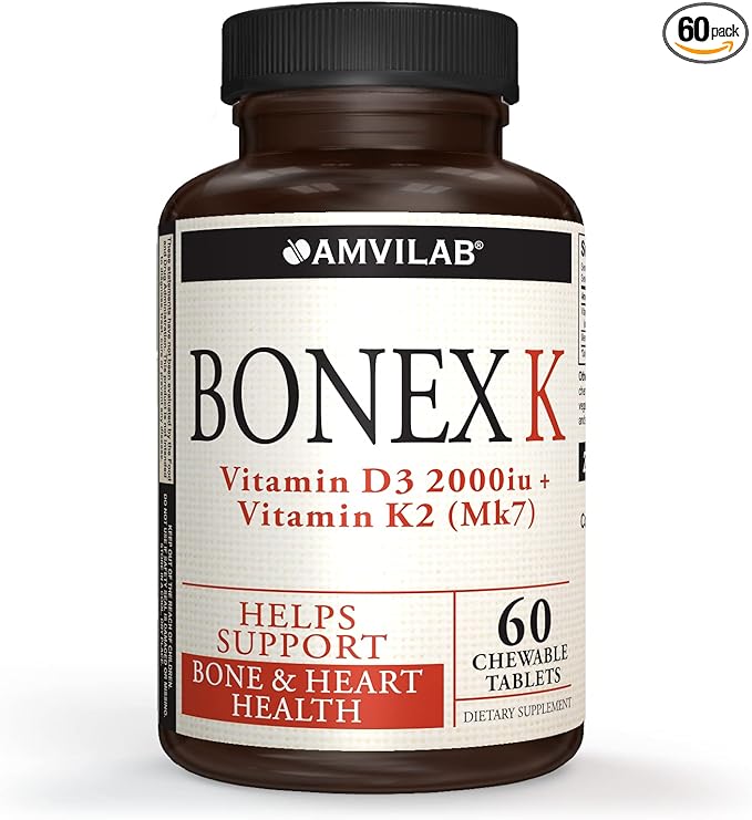 Bonex K Supplement|Vitamin D & K Complex|Supports Heart, Bones & Teeth Health|2000IU Vitamin D3 & 75mcg Vitamin K2|Non-GMO|Small & Easy to Swallow|60 Day Supply Chewable Tablets
