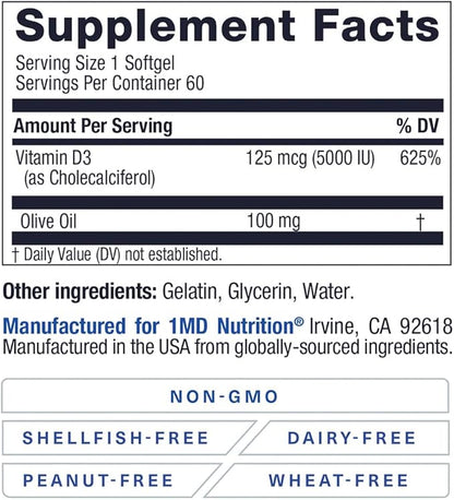 1MD Nutrition Vitamin D3 5000 IU Softgels | Bone Health, Muscle Function, & Immune Support | Wheat Free and Non-GMO with Olive Oil | 2-Month Supply