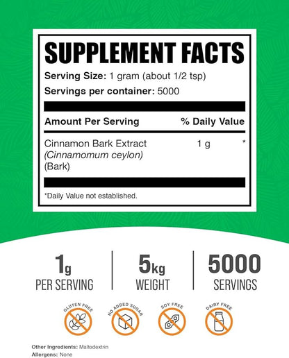 BulkSupplements.com Ceylon Cinnamon Extract Powder - Cinnamon Extract, Cinnamon Ceylon - Cinnamon Supplement, Pack of 1 - Gluten Free & Soy Free, 1000mg per Serving, 5kg (11 lbs)