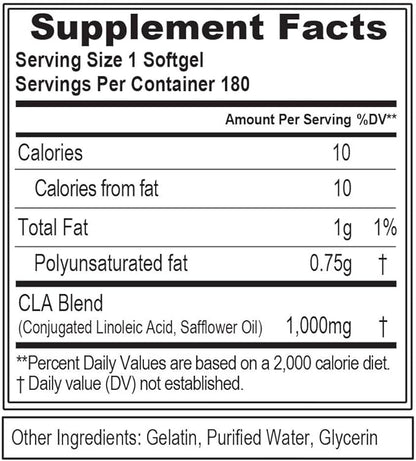 Conjugated Linoleic Acid CLA Pills - CLA 1000mg Diet Pills to Support Weight Loss Fat Burning Lean Muscle and Faster Metabolism - Stimulant-Free CLA 1000mg Safflower Based Fat Loss Support Pills - 180